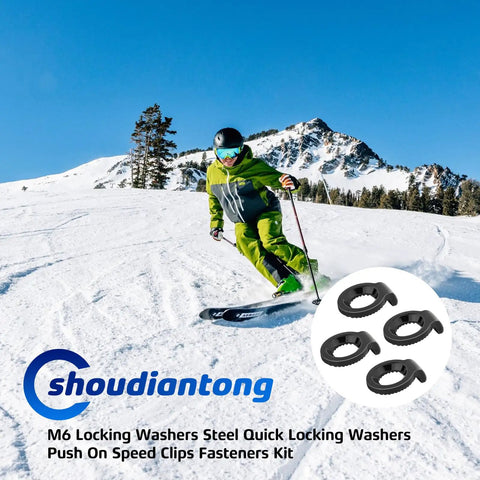 M6 Wedge Lock Washers Stainless Steel 8 Pack Snowboard Binding Hardware Anti Loosening Mount Kit with a skier on snowy slopes.