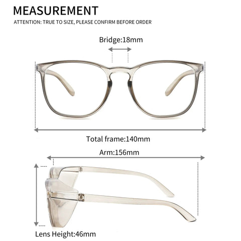 Measurement details for Built Tough TR90 Safety Glasses Featuring Anti Fog Coating And Heavy Duty Protective Eyewear in green.