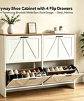 Sleek Barn Door Shoe Cabinet With Four Flip Drawers And Three Adjustable Shelves Ultra Slim Freestanding Modern Rustic White Finish in entryway.