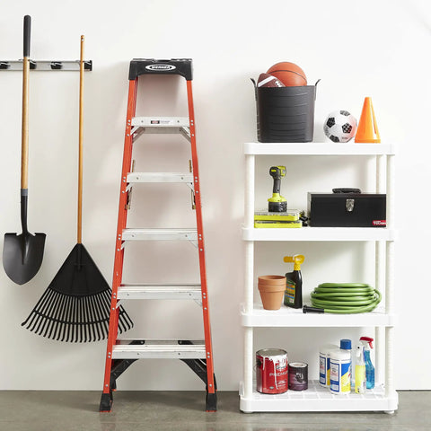 Real Deal Slick Four Tier Adjustable Height Storage Rack For Home Garage Laundry Room And Kitchen Pantry Medium Duty Organizer System Connectible Design White Two Pack Bundle with tools and storage items.