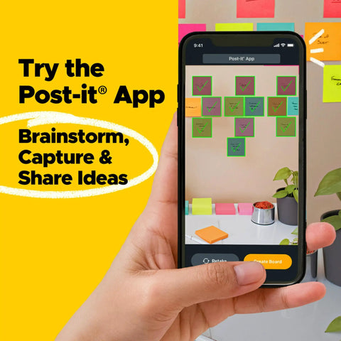 A hand holding a smartphone displaying Super Sticky Notes 3 By 3 Inches Supernova Neons 24 Pack with colorful sticky notes.
