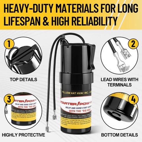 Heavy Duty Hard Start Capacitor Kit For Air Conditioners 115V To 288VAC detailed view with lead wires and protective casing.