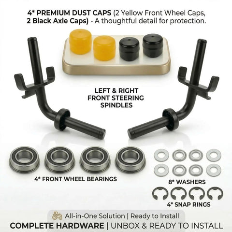 Premium Quality Heavy Duty Front Axle Steering Spindles Pair For John Deere L Series Lawn Tractors includes wheel bearings and dust caps.