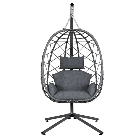 Outdoor Hanging Egg Chair With Stand Wicker Rattan Swing Chair With Cushioned Comfort Heavy Duty Patio Hammock in dark grey