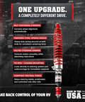 Reflex Steering Stabilizer for Vans and Class C Motorhomes displayed with features highlighted in a promotional graphic.