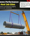 Rock Solid 6 Foot Purple Round Polyester Lifting Sling Rated At 2600 Lbs Vertical And 2080 Lbs Choker Capacity Built Damn Tough For Heavy Industrial Jobs Made Legit Stateside lifting a metal pipe with a crane