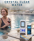Hassle Free Digital Pool Water Test Kit With Instant Reader For Dead On Readings 7 In 1 Heavy Duty Analysis next to a woman enjoying wine by the pool.