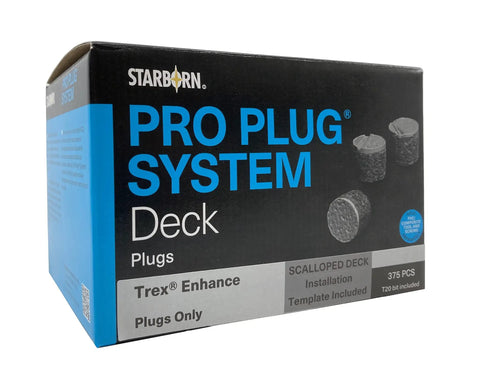 Foggy Wharf Scalloped Deck Plugs For PVC Composite Boards Covering One Hundred Square Feet Perfect Fit For Trex Designs package with detailed labeling.