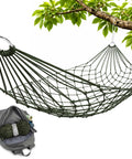 Chill Out Mesh Hammock Between Two Trees No Stand Needed Outdoor Camping Lightweight 13 Oz Nylon Net Bed Breathable 220 Lb Capacity for Backyard Garden Patio Beach Travel Dark Green.