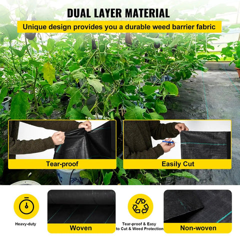 Heavy Duty Weed Barrier Fabric 4 By 300 Feet Woven Landscape Ground Cover For Gardens And Lawns Tough As Nails Weed Control Geotextile Mat Black Yard Shield For Sun And Rain in use with plants, showing tear-proof and easy cut features.