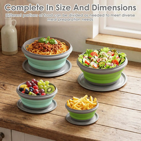 Collapsible Silicone Camping Bowl Set With Lids 6 Pack Food Grade Foldable Outdoor Tableware on a wooden counter