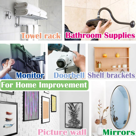 Collage of home improvement items including towel rack, shower head, monitor bracket, drill, shelf brackets, picture wall, and mirror.