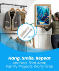 Heavy Duty Drywall Anchors And Screws Kit With Zero Screw Drill Setup For Quick SheetRock Mounting, shown with a woman hanging art.