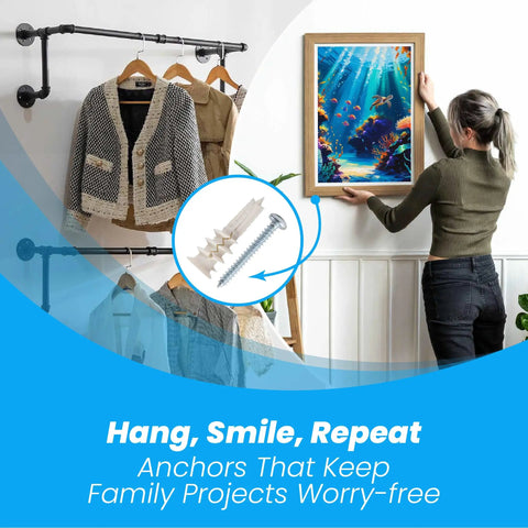 Heavy Duty Drywall Anchors And Screws Kit With Zero Screw Drill Setup For Quick SheetRock Mounting, shown with a woman hanging art.