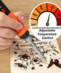All In One Wood Burning Kit With Adjustable Temperature Pen 81 Piece Pyrography Set in use on wood project, focus on temperature control.