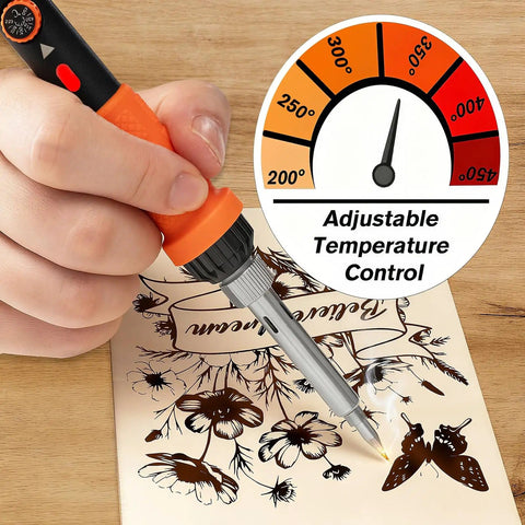 All In One Wood Burning Kit With Adjustable Temperature Pen 81 Piece Pyrography Set in use on wood project, focus on temperature control.