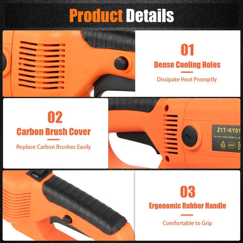 Close-up of 2300W Electric Pipe Threader detailing its cooling holes, carbon brush cover, and ergonomic rubber handle.