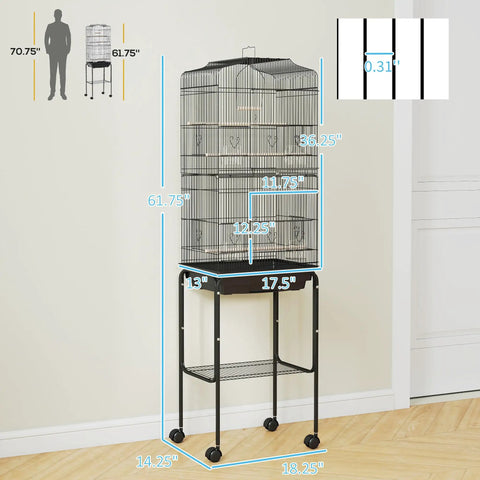 Heavy Duty Sixty Inch Metal Bird Cage With Easy Rolling Stand And Handy Storage Basket For Small Parrots Budgies Plus Full Pet Start Kit Accessories Ready To Treat Your Feathered Crew Black Indoor Flight Habitat dimensions and features.