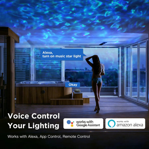 Galaxy Night Light Projector with Bluetooth Speaker and Remote, Alexa and App Control illuminating a room with blue light