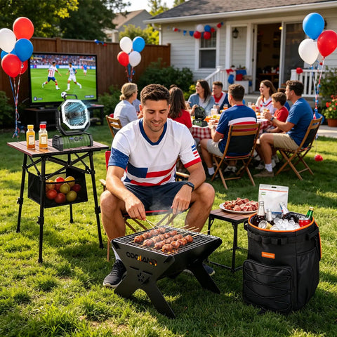 Man grilling next to Camping Fan With LED Lantern And 30000mAh Battery at a backyard gathering during a sports game.