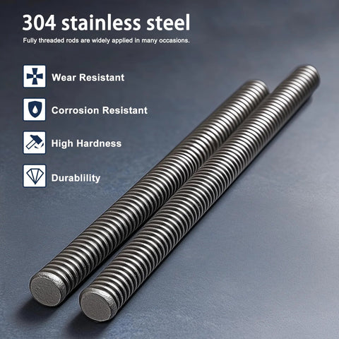 HiPicco 1/4-20 fully threaded rod pair, 16 in, 304 stainless steel, right-hand thread