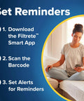 Person using phone on couch with steps to set reminders for Filtrete app.
