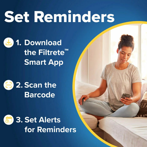 Woman using smart app for Filtrete air filter reminders with steps to download, scan barcode, and set alerts, enhancing home air quality.