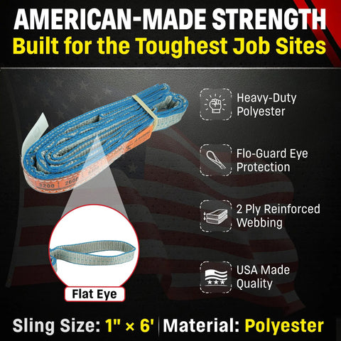 Heavy Duty 1 Inch By 6 Foot Polyester Lifting Sling For Rigging, 3200 Lb Vertical, 2600 Lb Choker, 6400 Lb Basket, 2 Ply 900 Webbing