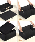 Heavy Duty Foldable Storage Baskets In Matte Black With Chunky Wood Handles Rectangle Linen Cube Organizer Box, assembled and foldable for easy storage.