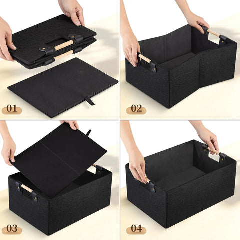 Heavy Duty Foldable Storage Baskets In Matte Black With Chunky Wood Handles Rectangle Linen Cube Organizer Box, assembled and foldable for easy storage.