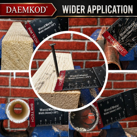 Fifty Piece Bimetal Oscillating Multi Tool Blades For Wood And Plastic Demolition Work Built Like A Tank Heavy Duty Replacement Saw Accessories With Knockout Durability measuring wood and metal dimensions for precise cutting.