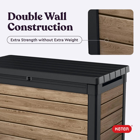 Real Deal All Weather Deck Storage Trunk With 100 Gallon Heavy Duty Resin For Patio Outdoor Cushions Yard Gear And Pool Supplies Ashwood Finish double wall construction close-up view.