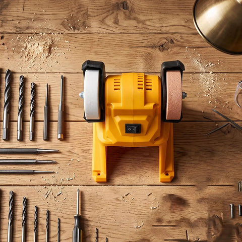 Top Shelf Mini Bench Grinder With 18V Compatible Battery For Precision Sharpening And Metal Polishing Portable Workstand on a wooden table.