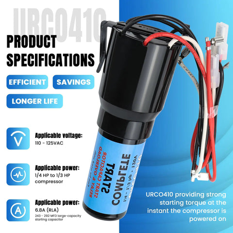 Urco410 3 In 1 Hard Start Kit For Fridges And Freezers featuring relay overload and capacitor combo for quick startup.