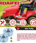 Heavy Duty Idler Pulley Replacement 2 Pack Fits John Deere D140 L130 LA145 GY22172 GY20067 shown on a riding mower.