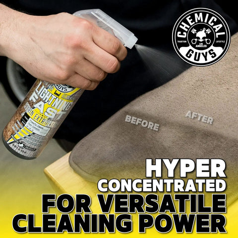 Person using Lightning Fast Carpet And Upholstery Stain Extractor 16 Oz on fabric with visible before and after effect.