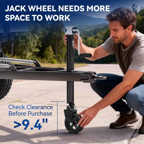 Person installing 1500 Lb Trailer Jack Swivel Caster Replacement with Upgraded 6 Inch Spoked Wheel and Pin for 2 Inch Diameter Jack Tubes