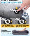 Person inflating Ultralight Inflatable Travel Neck Pillow With Removable Cover For Neck And Lumbar Support, Grey, with valve.