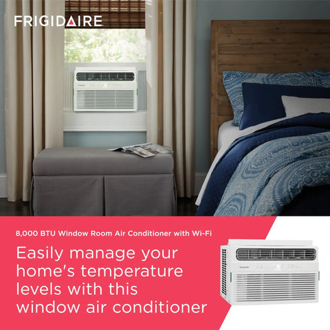 Big Chill 8000 BTU Smart Window Air Conditioner With Reliable WiFi Link And Voice Activated Controls For Rooms Near 350 Sq Ft positioned next to a bed.