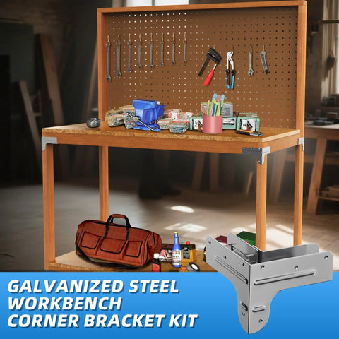Heavy Duty Galvanized Steel 2x4 Workbench Bracket Kit For DIY Projects With Eight Corner Brackets And One Hundred Screws Built For Easy Install And A Custom Size Workbench Table That Fits One And A Half By Three And A Half Lumber in a garage setting, assembled with tools and accessories.