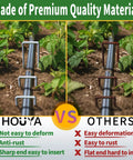 Comparison of 50 Pack 4 Inch Landscape Staples 12 Gauge Galvanized Heavy Duty Ground Stakes vs non-galvanized stakes with features listed.
