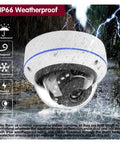 8 Channel 4K POE IP Dome Camera System With Built In NVR Delivers Beefy Security Coverage And Sharp Clarity With A Rock Solid Plug And Play Setup Everyone Loves, showing IP66 weatherproof camera in rain.