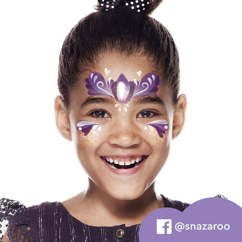 Top Shelf Fantasy Face Paint Palette Kit Featuring Skin Safe Cosmetics Grade Pigments With Smooth Metallic Sparkle Shades Includes Quick Dry Brush And Carry Case Killer For Halloween Festivals And Birthday Bash Body Art. Girl smiling with purple and gold face paint design.
