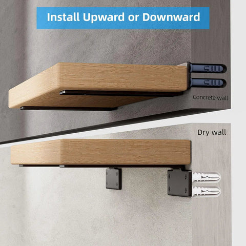 Beefy 12 Inch Floating Shelf Brackets 6 Pack Black Metal L Brackets for Wood Shelves One Fifth Inch Thick Heavy Duty Shelf Supports Up To 160 Lbs Each shown on concrete and drywall installations.