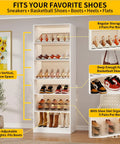 18 Tier Tall Shoe Cabinet Wooden Shoe Rack White Narrow Shoe Storage Organizer With Removable Shelves For Small Spaces Shoe Shelf Tower Holds 54 To 90 Pairs Ideal For Entryway Closet Or Hallway, displays shoes of various styles in organized shelves.