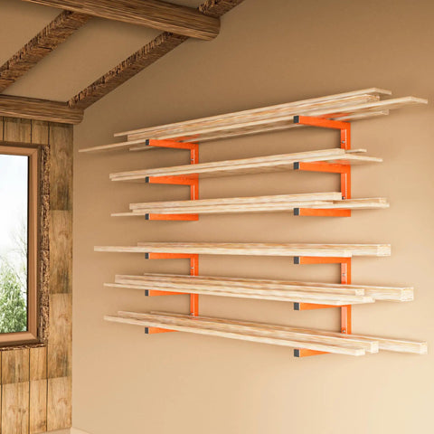 Beefy Heavy Duty Wood Organizer And Lumber Storage Wall Mount Rack With Six Levels Holds Up To 1200 Lbs Indoors Or Outdoors In Bright Orange installed on a wall with wooden beams and lumber