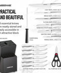 Gotta Have This Knockout 15 Piece Kitchen Knife Set Featuring Hella Sharp High Carbon Stainless Steel Blades Smooth Wooden Block Ergonomic Handles Steak Knives And Utility Shears in black storage block.