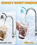 100G RO Booster Pump Kit For Home Use With High And Low Pressure Switches Quarter Inch Inlet Two Meter Water Tubing 304 Stainless Steel Build Cranks Up Your Household Reverse Osmosis System Water Pressure By Sixty Five Percent For Better Filtration showing faucet water speed before and after use