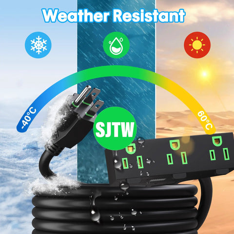 Heavy Duty 25 Foot Extension Cord With Three Outlets Weatherproof Outdoor Power Strip showing weather resistant design and SJTW plug.