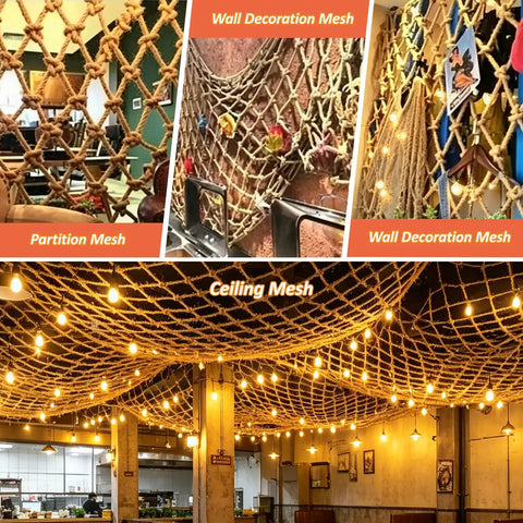 Heavy Duty Natural Jute Hemp Rope Net For Balcony And Stair Rails Straight Up Safe For Kiddos With Rock Solid Weave, used for wall and ceiling decor.